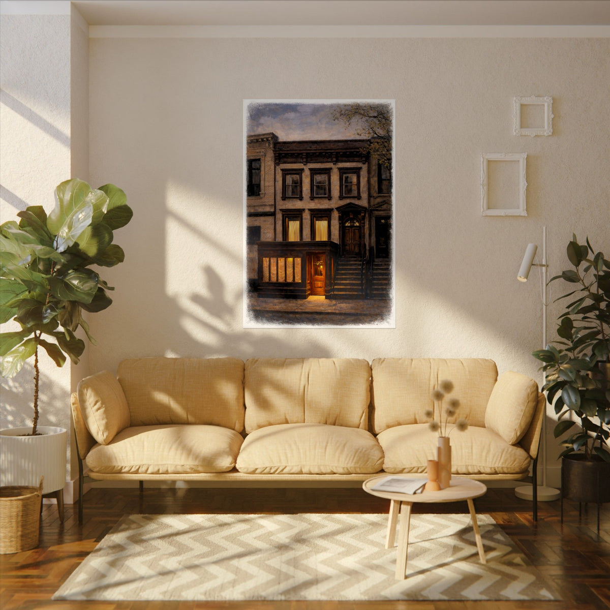 Chez Fifi art poster on the wall above a sofa