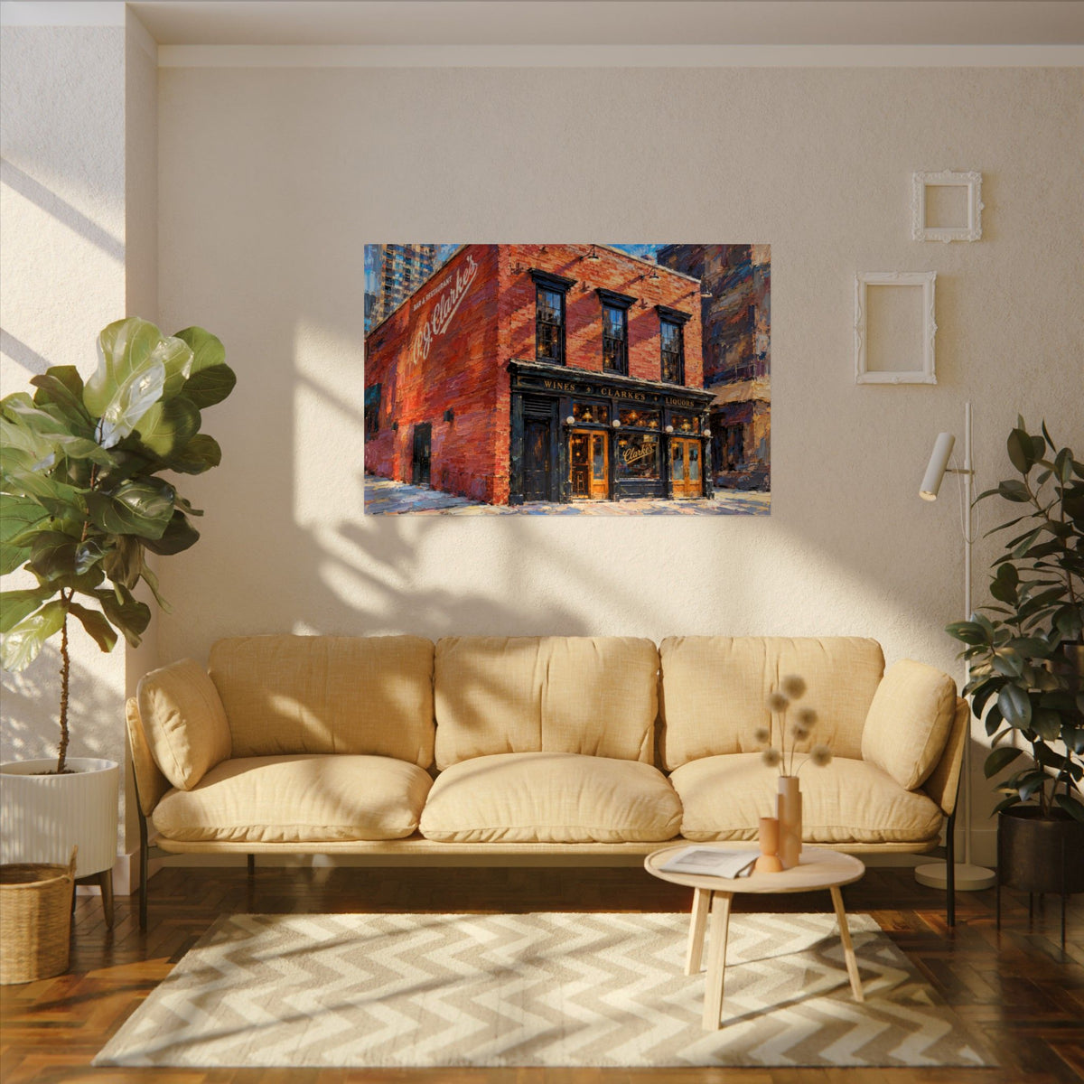 PJ Clarke's art poster on the wall above a sofa