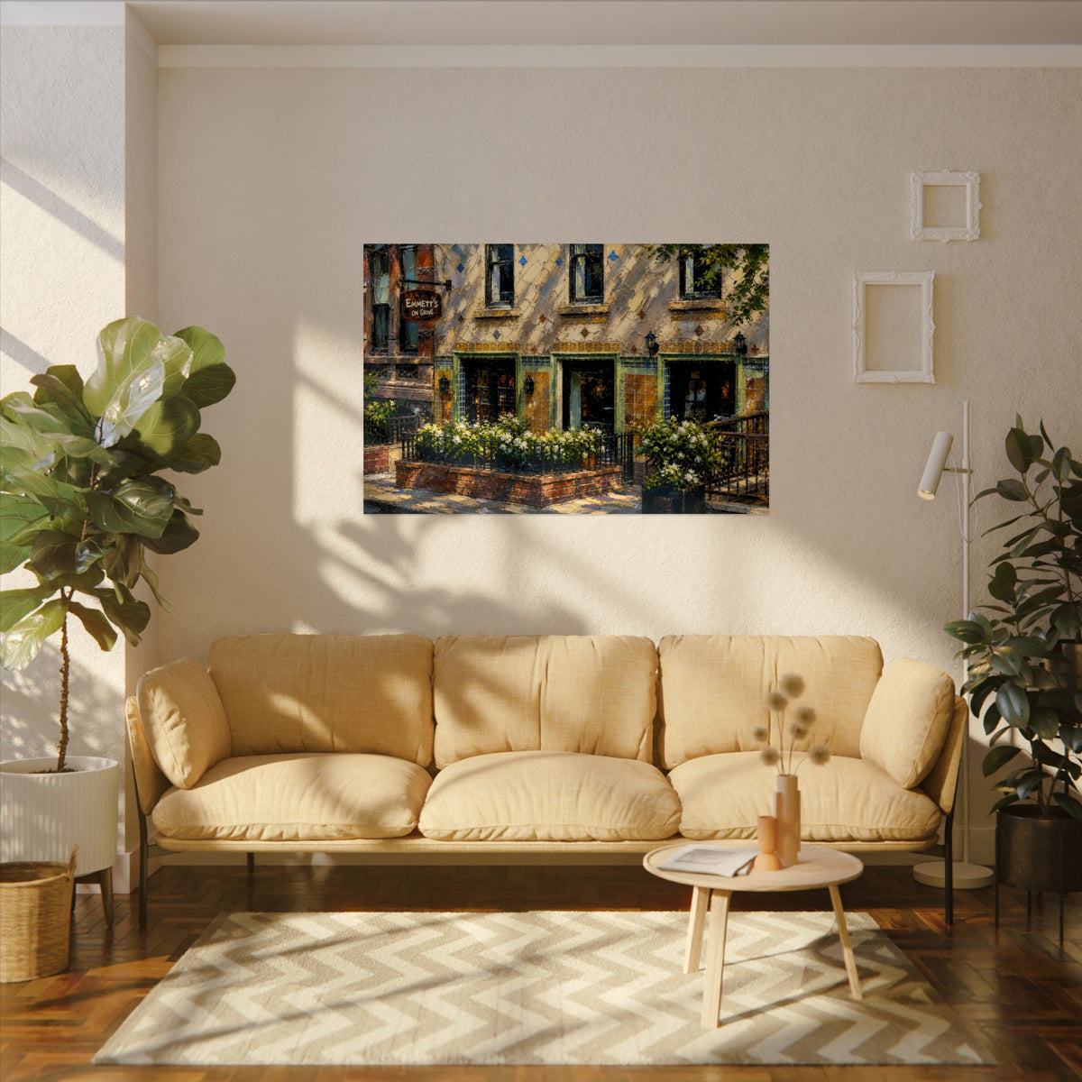 Emmett's on Grove art poster on the wall above a sofa