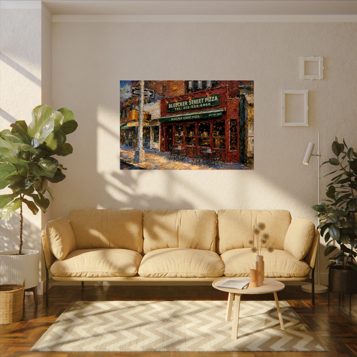 Bleecker Street Pizza art poster on the wall above a sofa