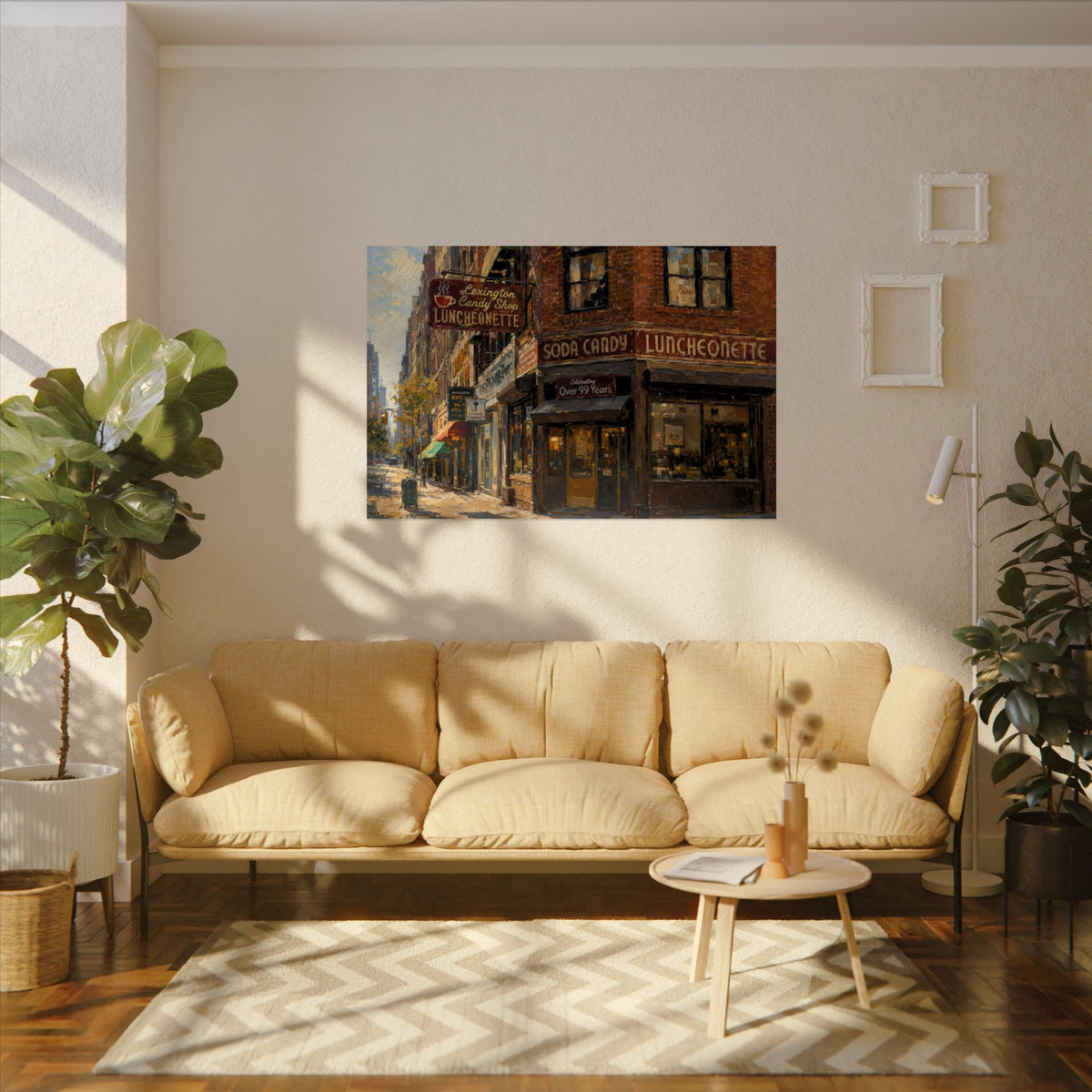 Lexington Candy Shop art poster on the wall above a sofa