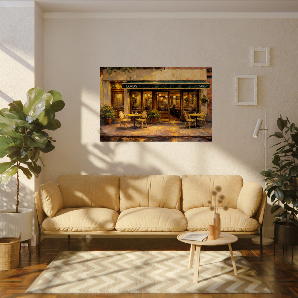 Lord's art poster on the wall above a sofa