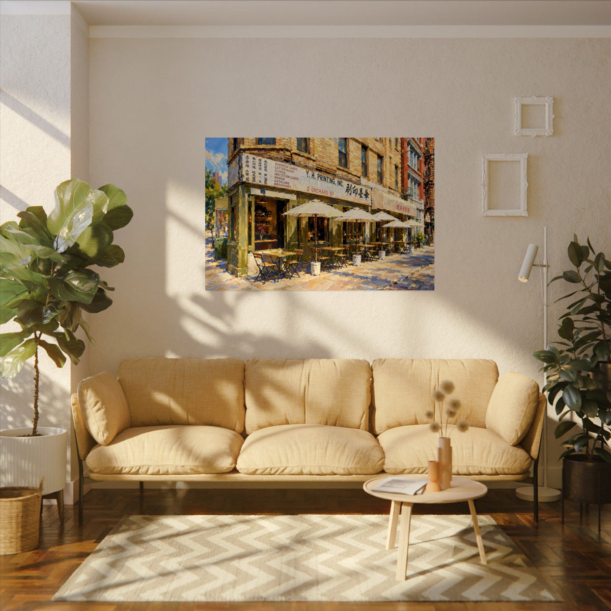 Kiki's art poster on the wall above a sofa