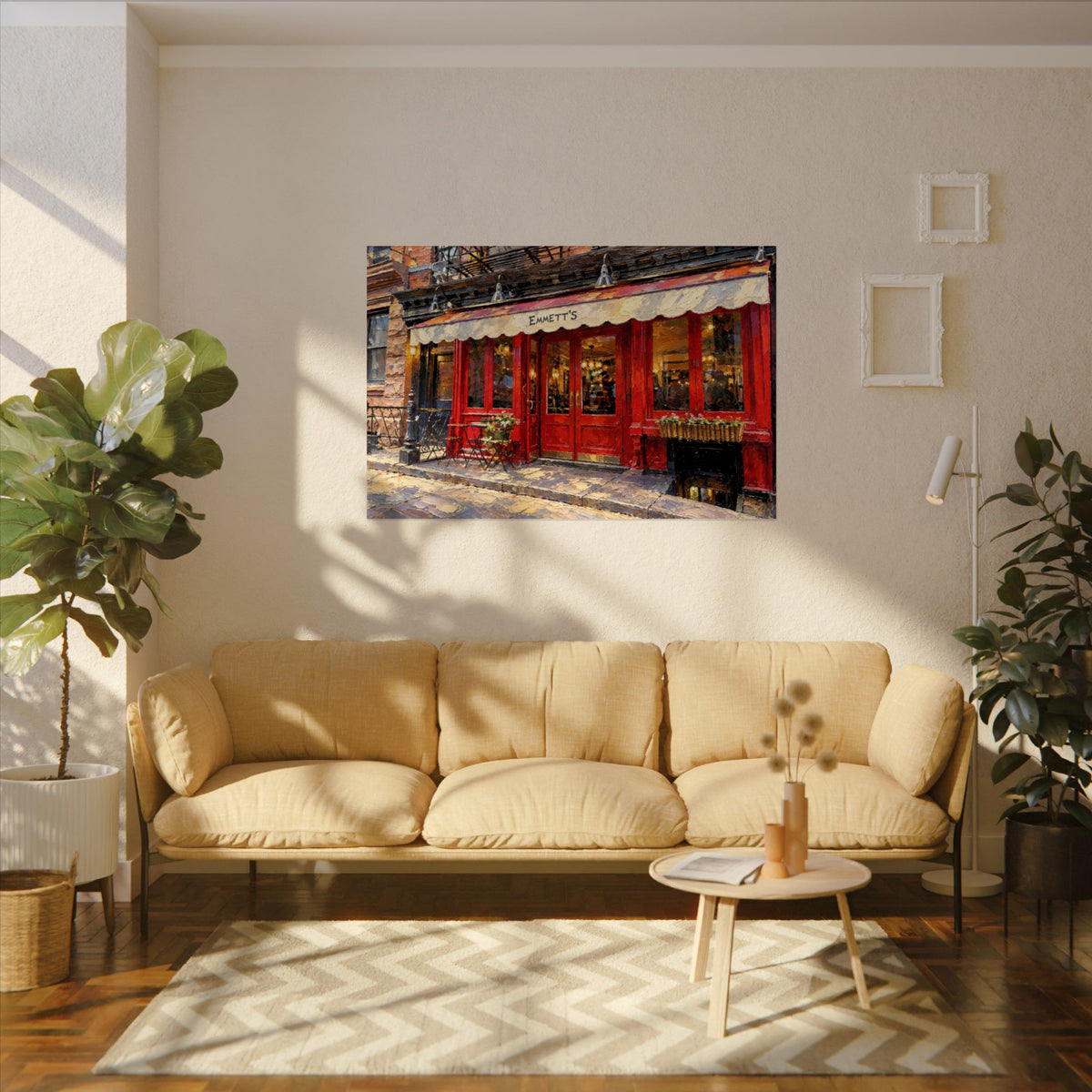 Emmett's art poster on the wall above a sofa