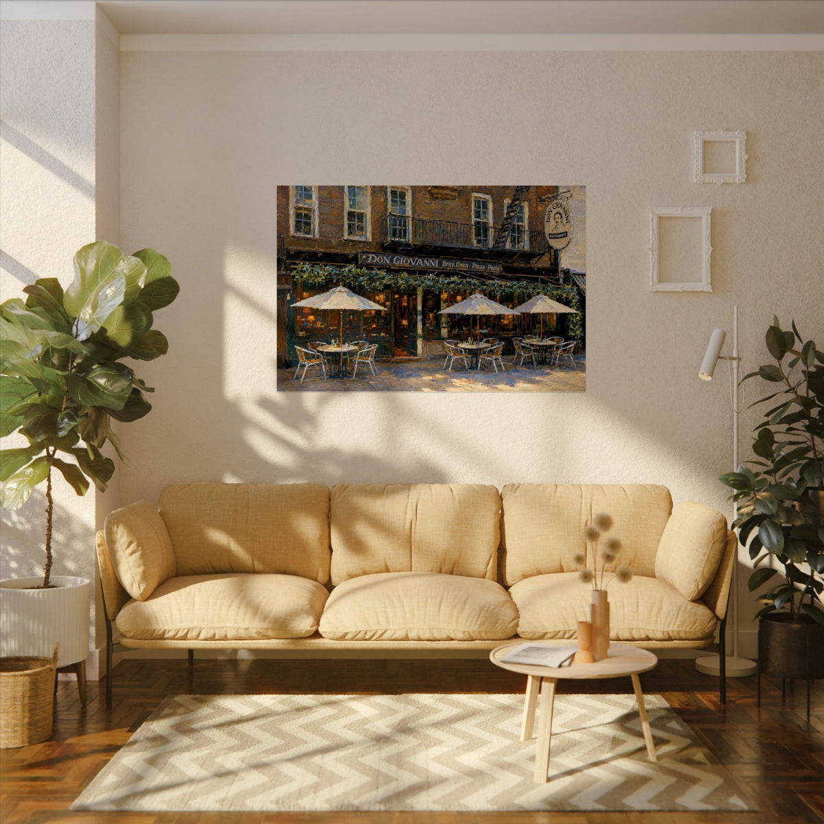 Don Giovanni art poster on the wall above a sofa