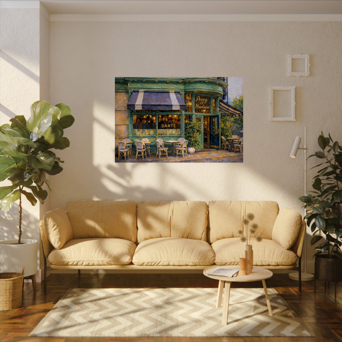 Dante West Village art poster on the wall above a sofa