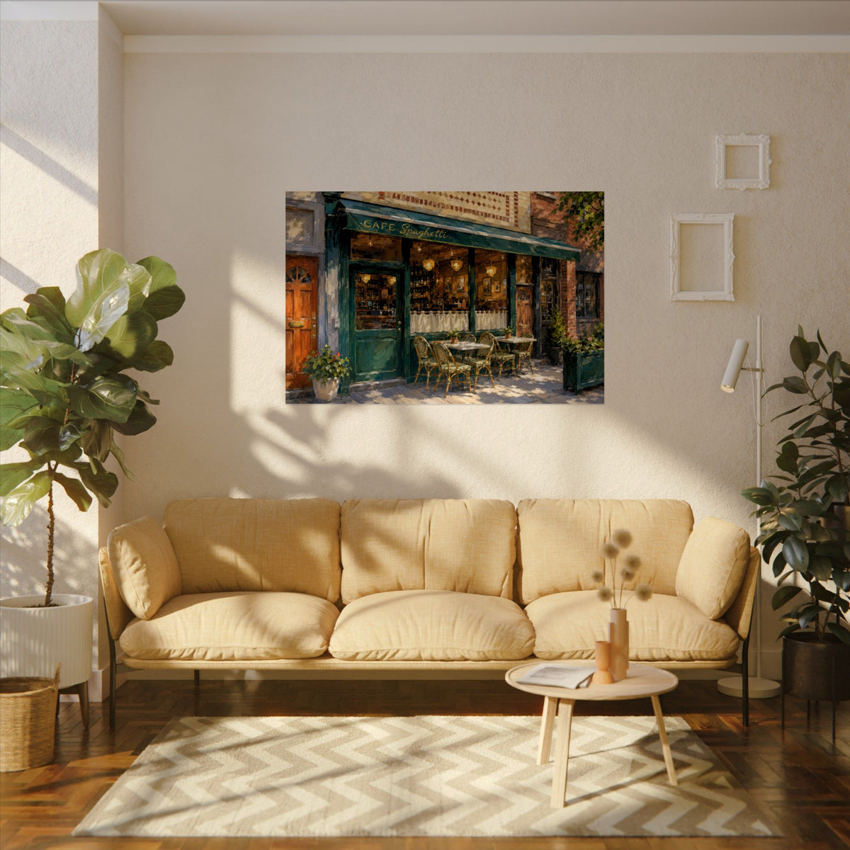 Cafe Spaghetti art poster on the wall above a sofa
