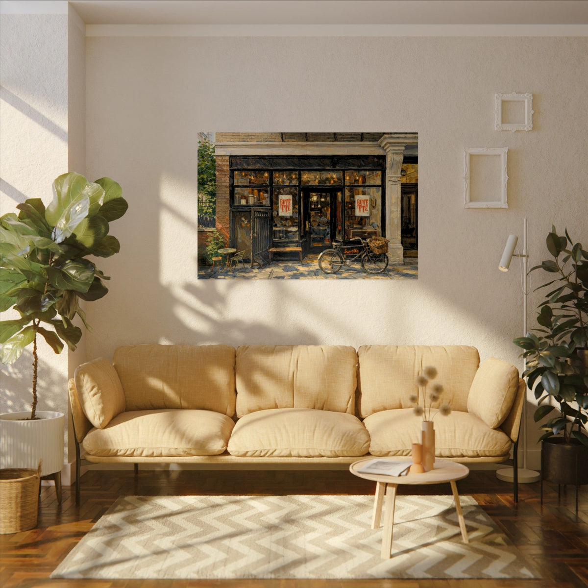 Buvette art poster on the wall above a sofa