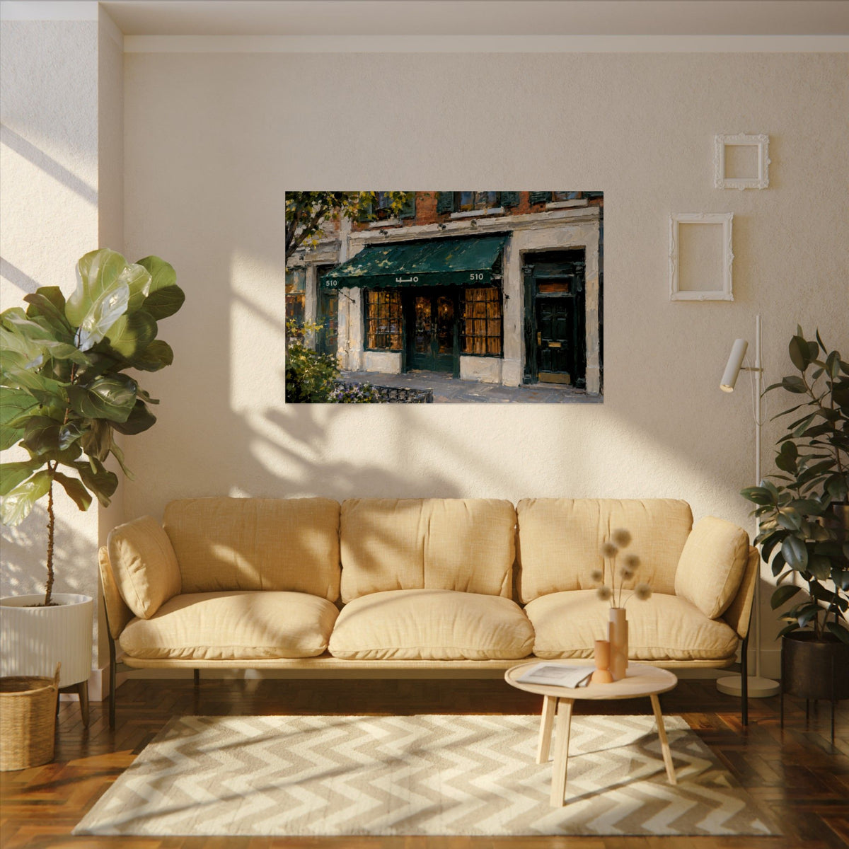 Employees Only art poster on the wall above a sofa