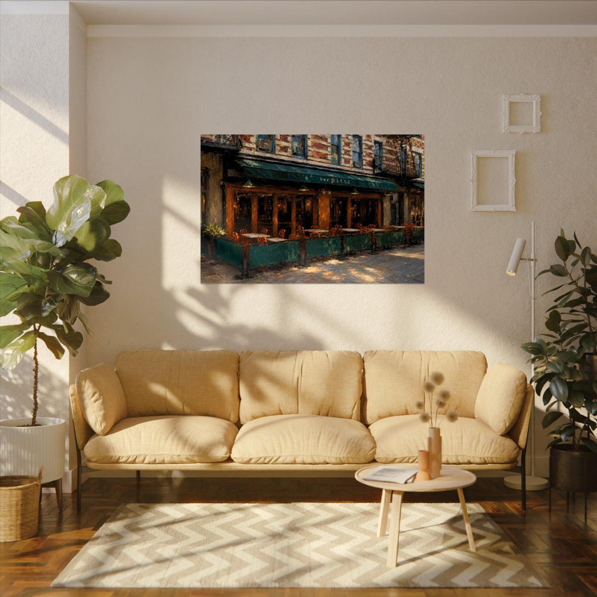 Bar Pitti art poster on the wall above a sofa