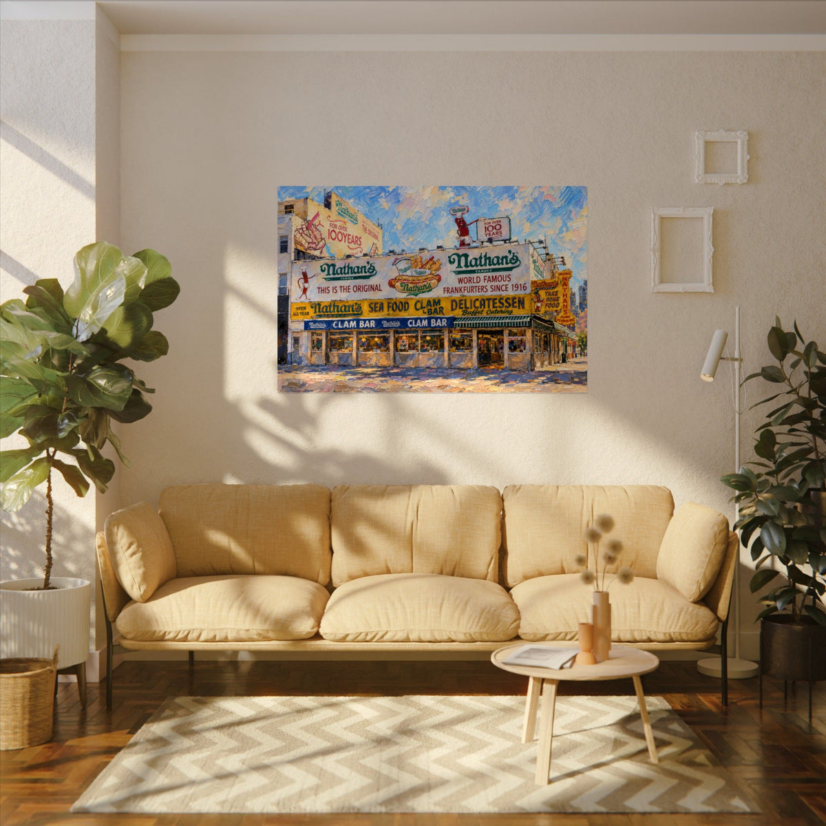Nathan's Famous art poster on the wall above a sofa