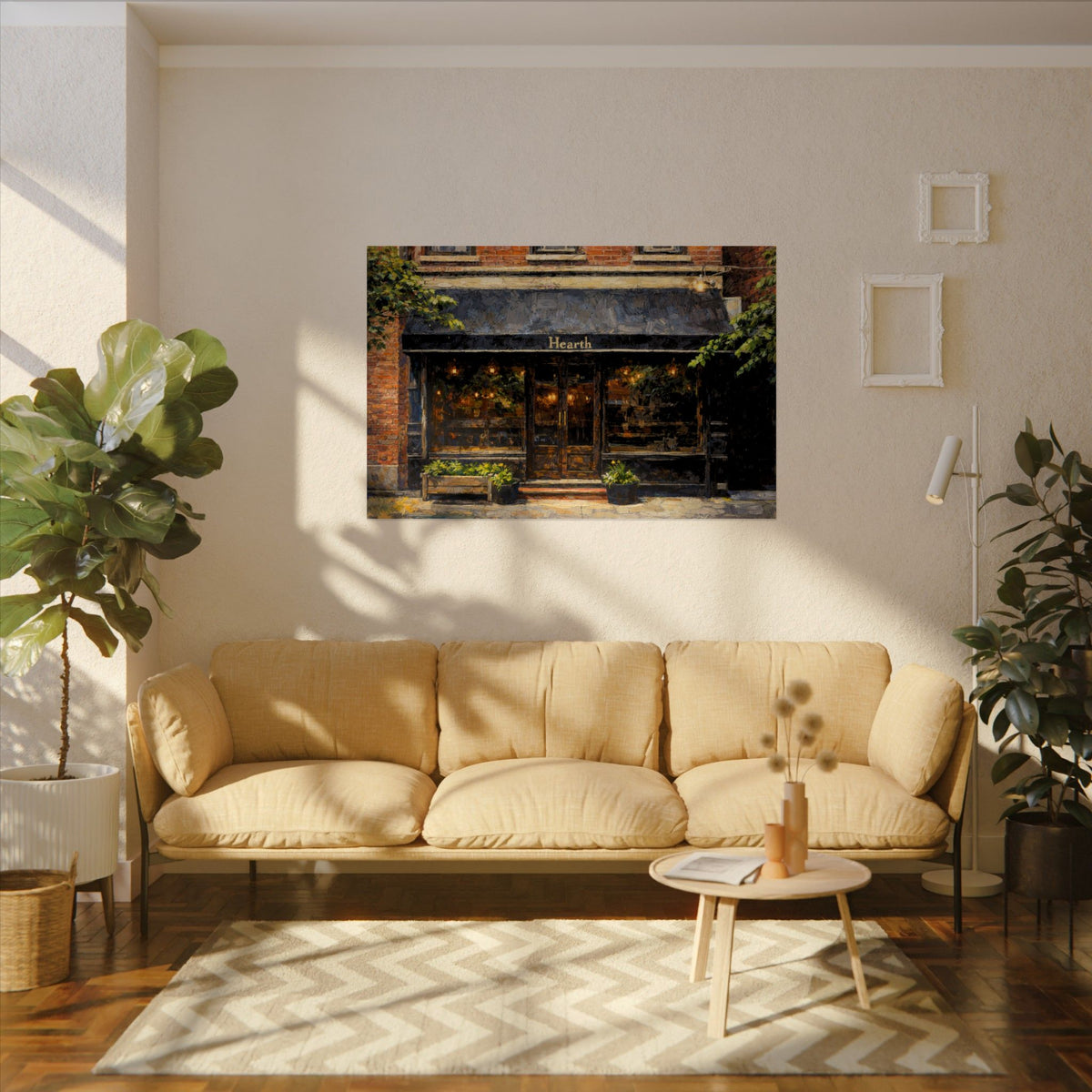 Hearth art poster on the wall above a sofa