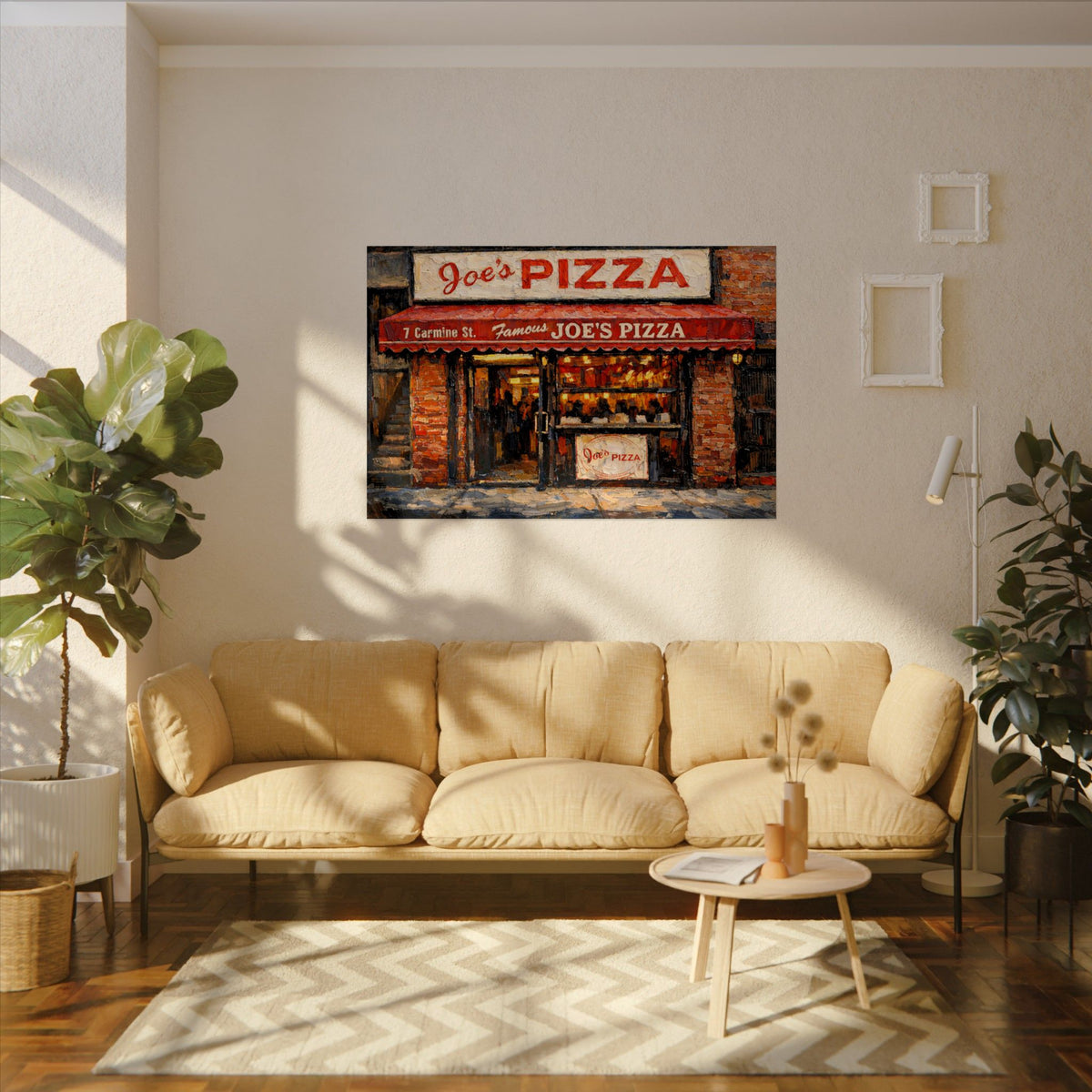 Joe's Pizza II art poster on the wall above a sofa