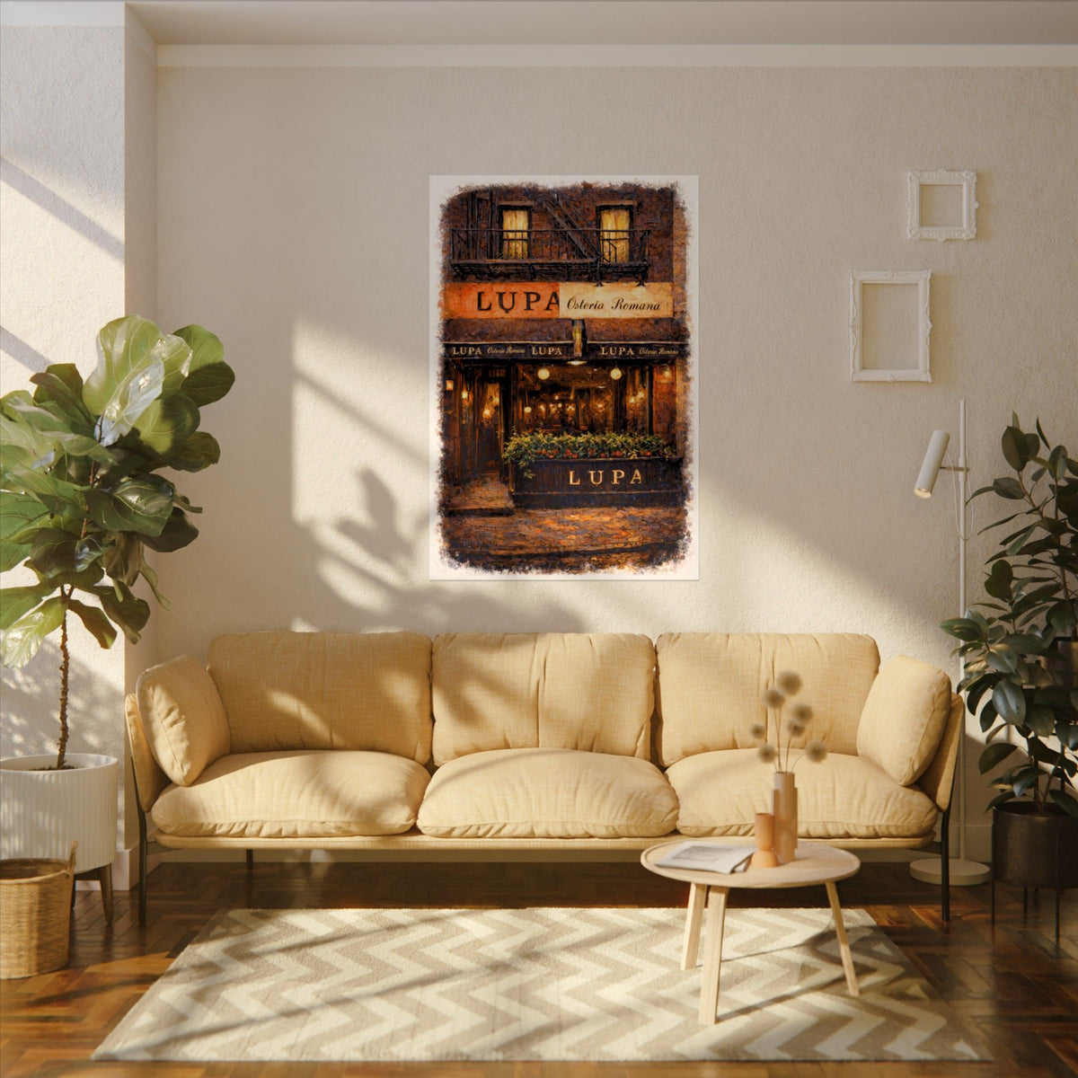 Lupa Osteria Romana art poster on the wall above a sofa