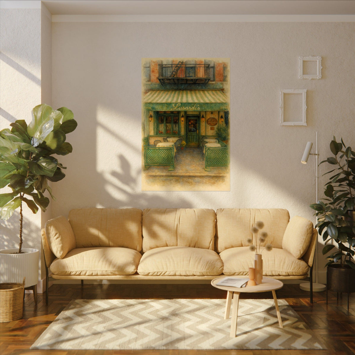 Lusardi's art poster on the wall above a sofa