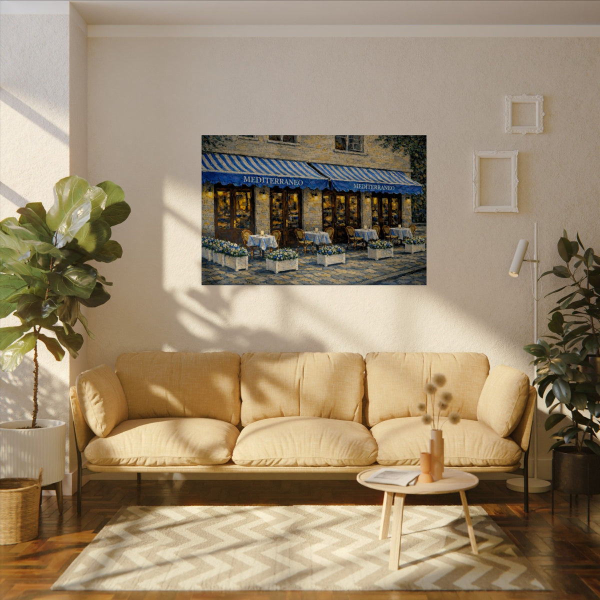 Mediterraneo art poster on the wall above a sofa