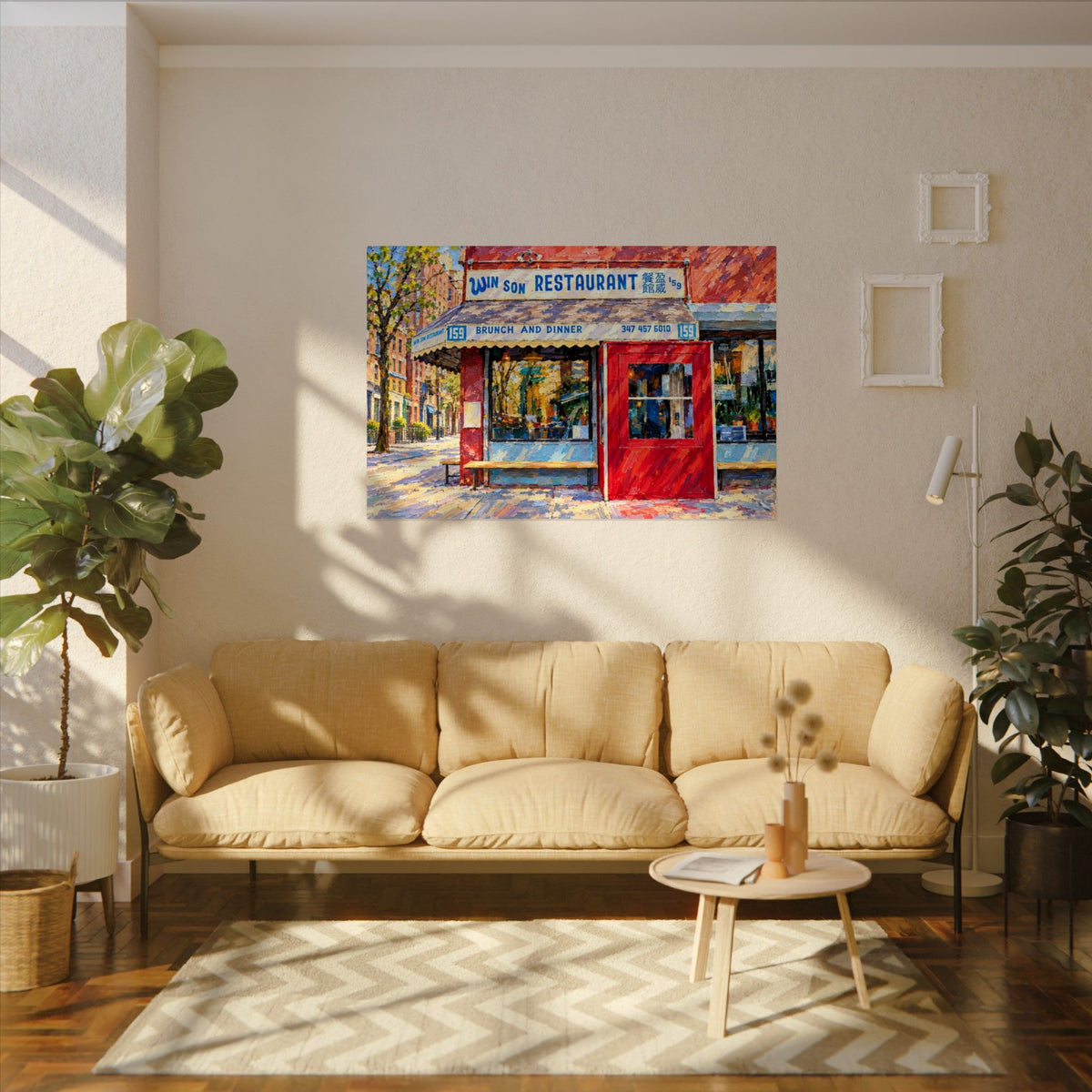 Win Son art poster on the wall above a sofa