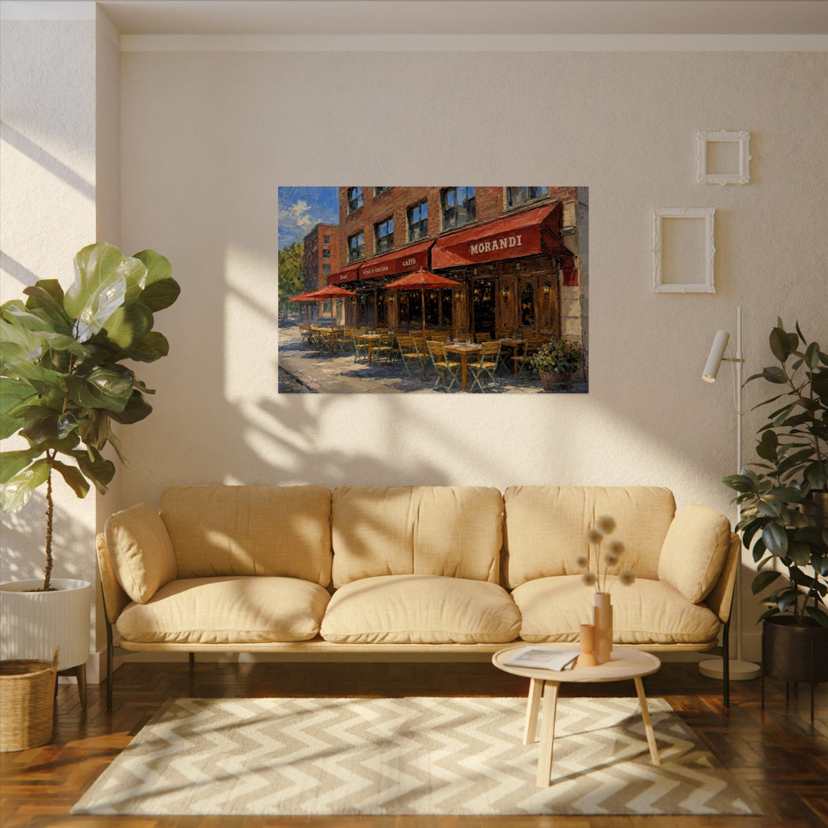 Morandi art poster on the wall above a sofa
