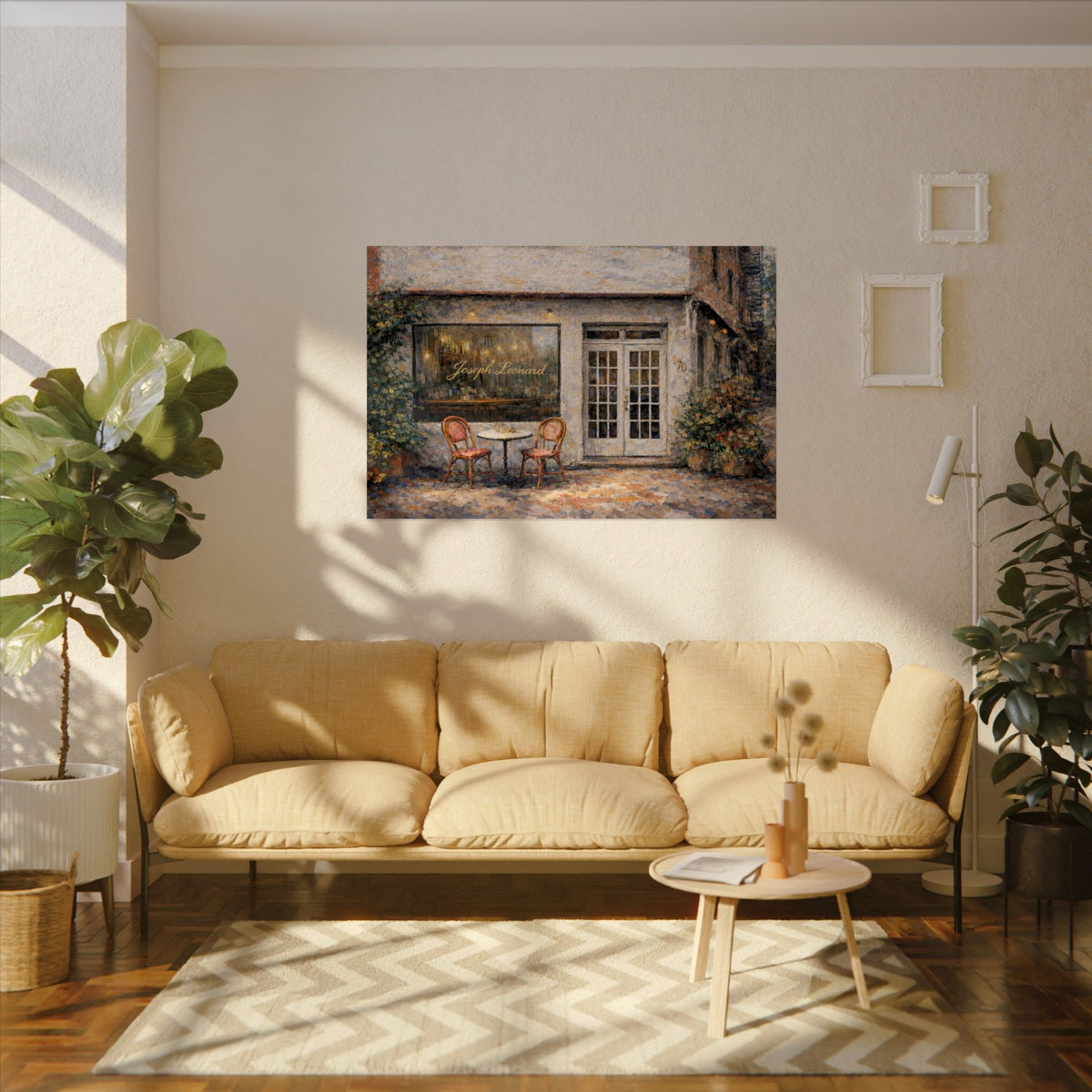 Joseph Leonard art poster on the wall above a sofa