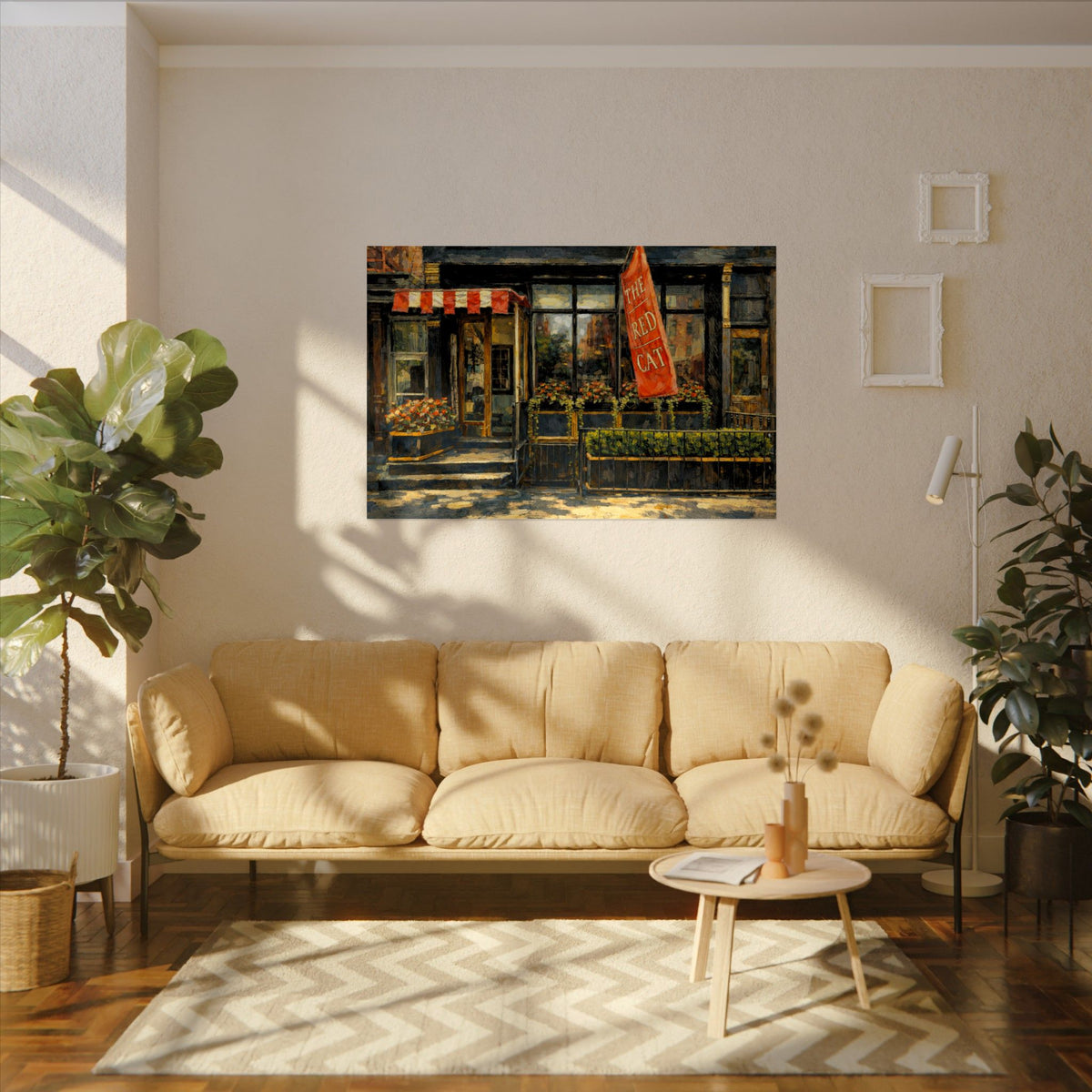 The Red Cat art poster on the wall above a sofa