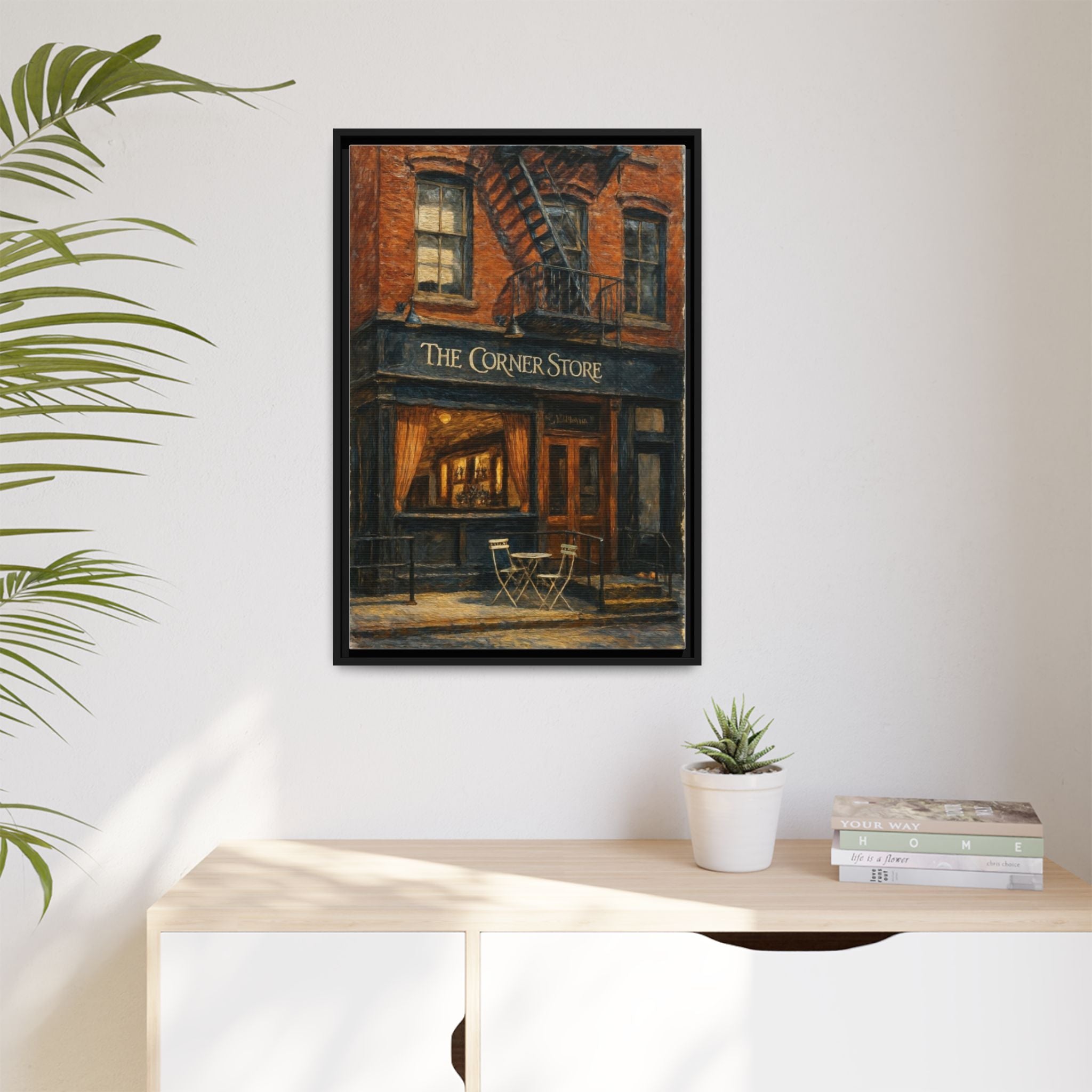 The Corner Store — Restaurant Print | Matte Canvas + Wooden Frame