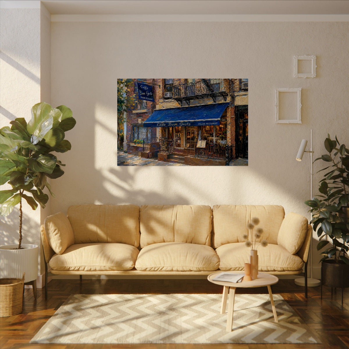 Caffe Buon Gusto art poster on the wall above a sofa