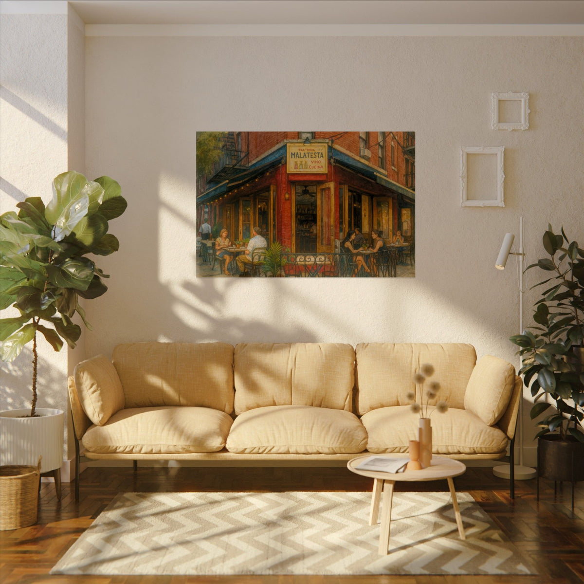 Malatesta Trattoria art poster on the wall above a sofa
