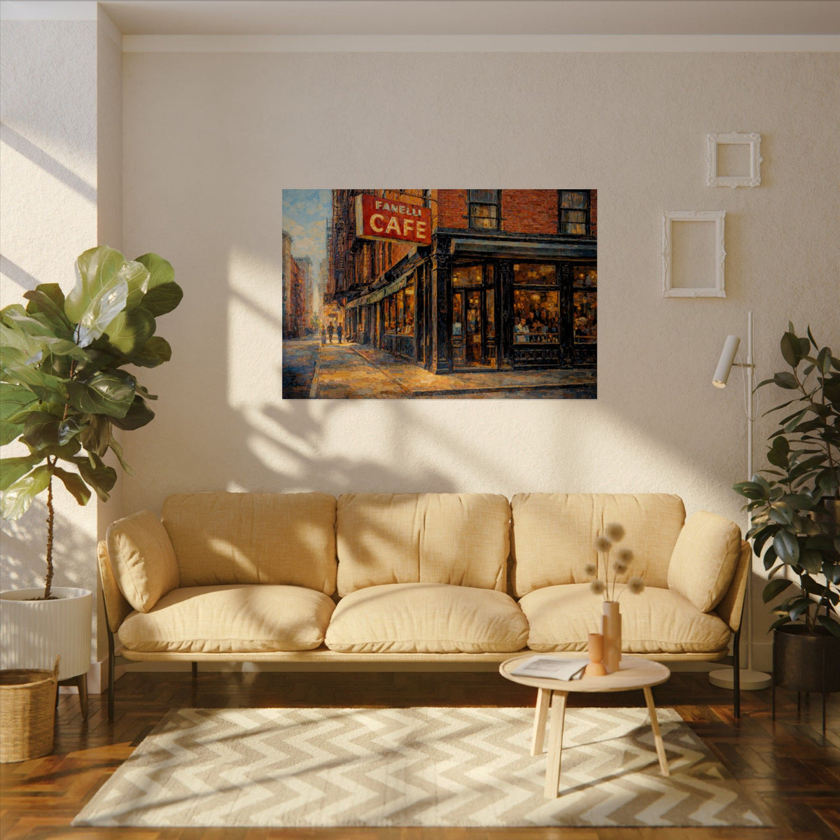 Fanelli Cafe art poster on the wall above a sofa