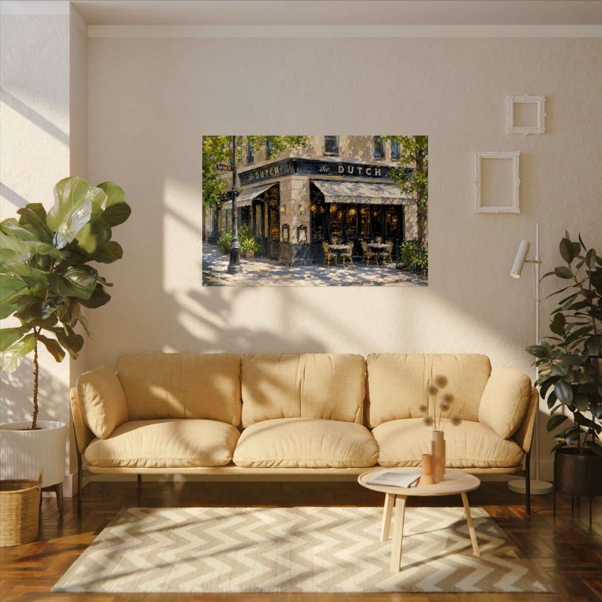 The Dutch art poster on the wall above a sofa