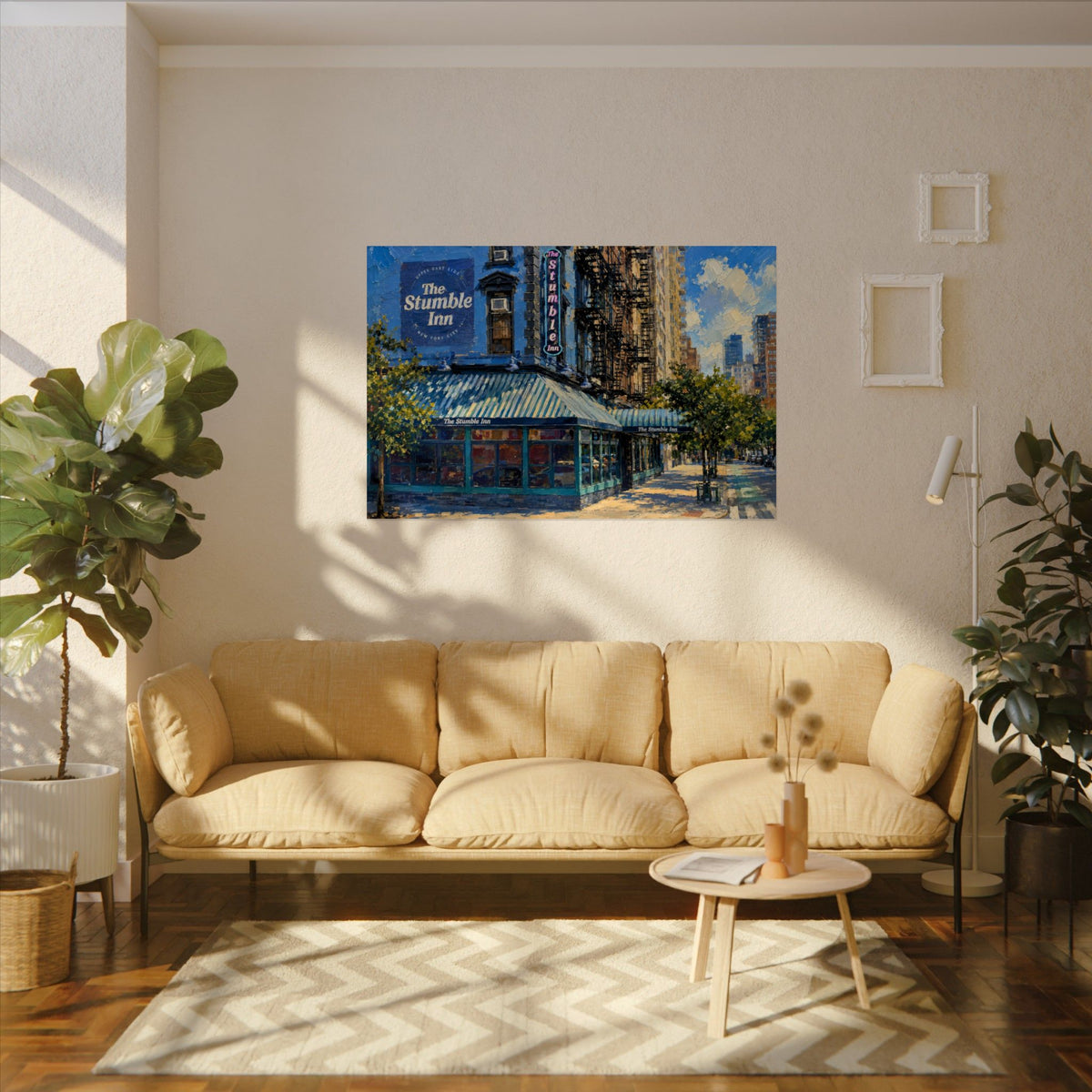 The Stumble Inn art poster on the wall above a sofa