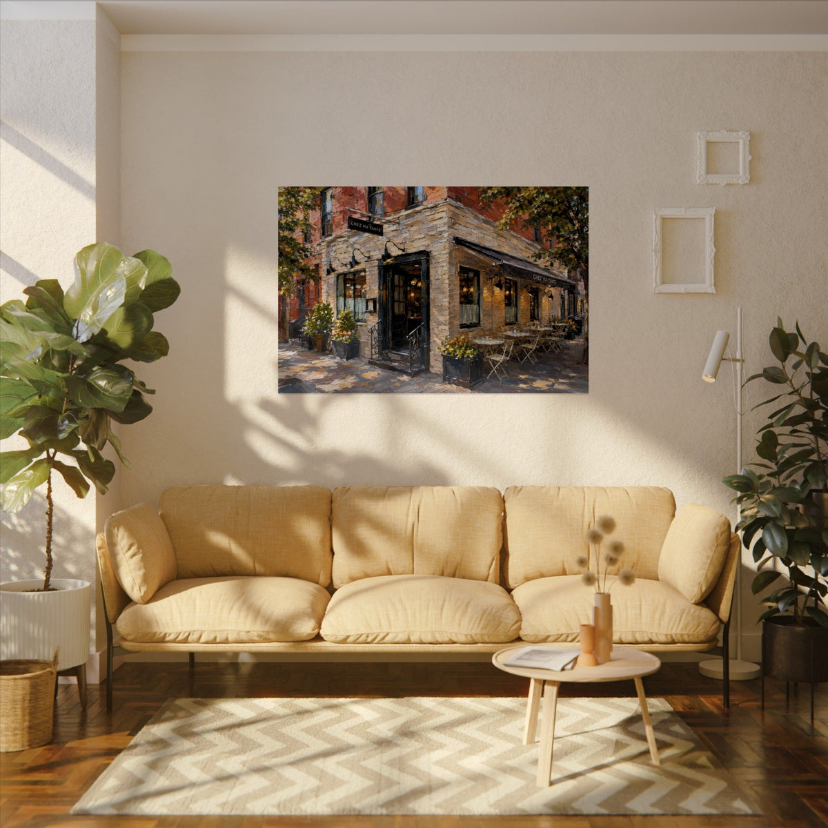 Chez Ma Tante art poster on the wall above a sofa