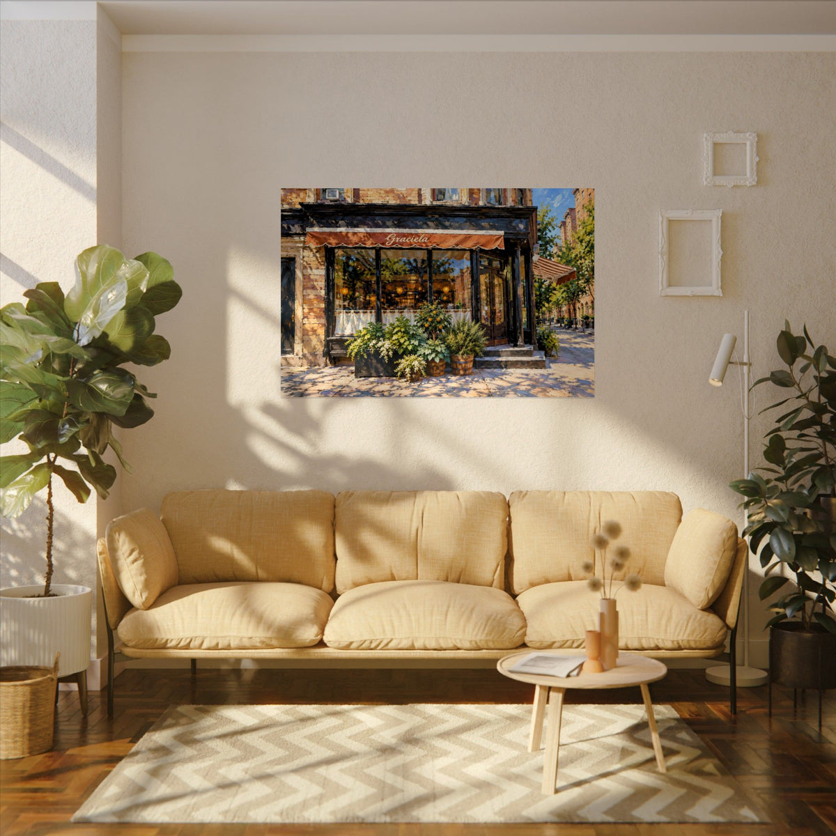 Graciela art poster on the wall above a sofa