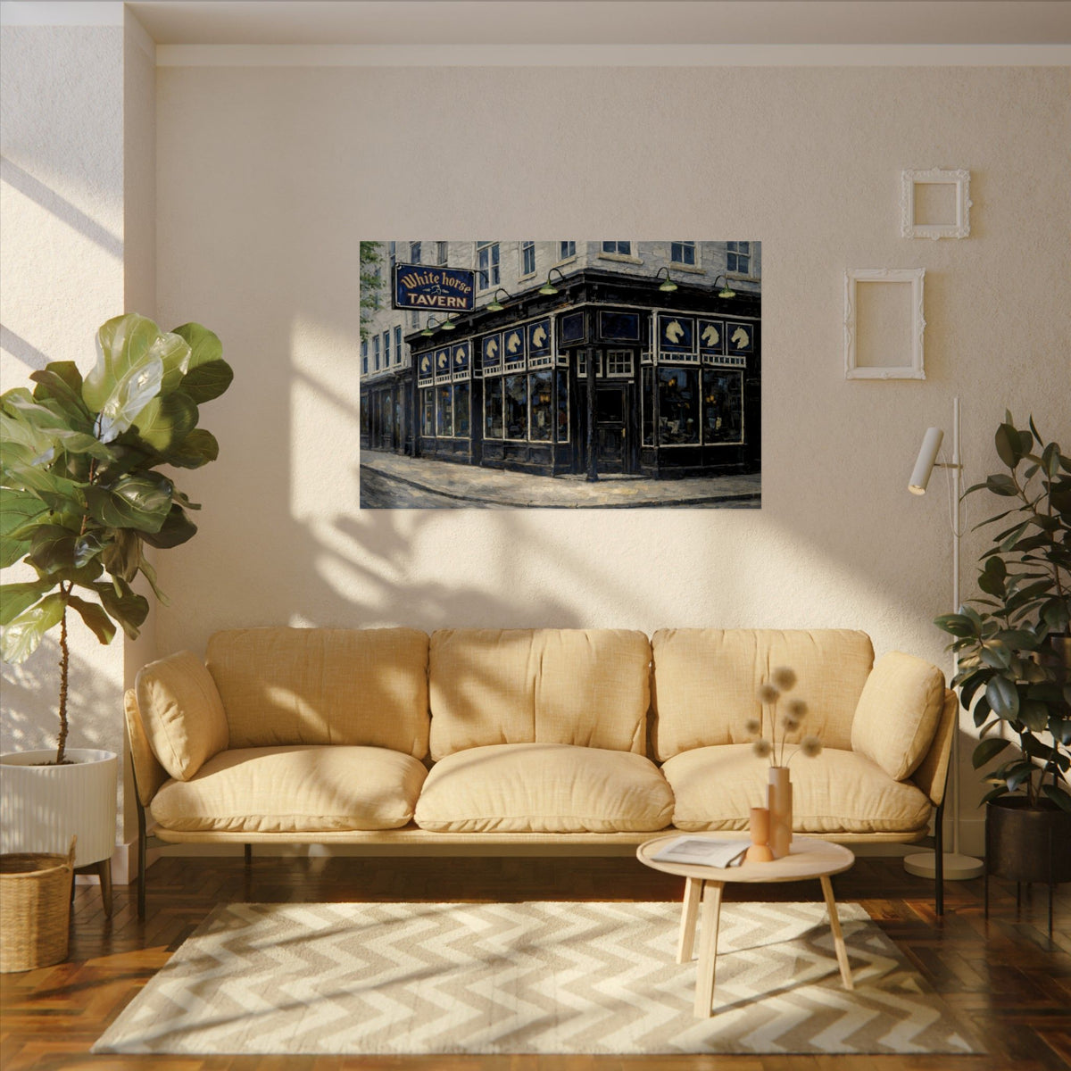 White Horse Tavern art poster on the wall above a sofa