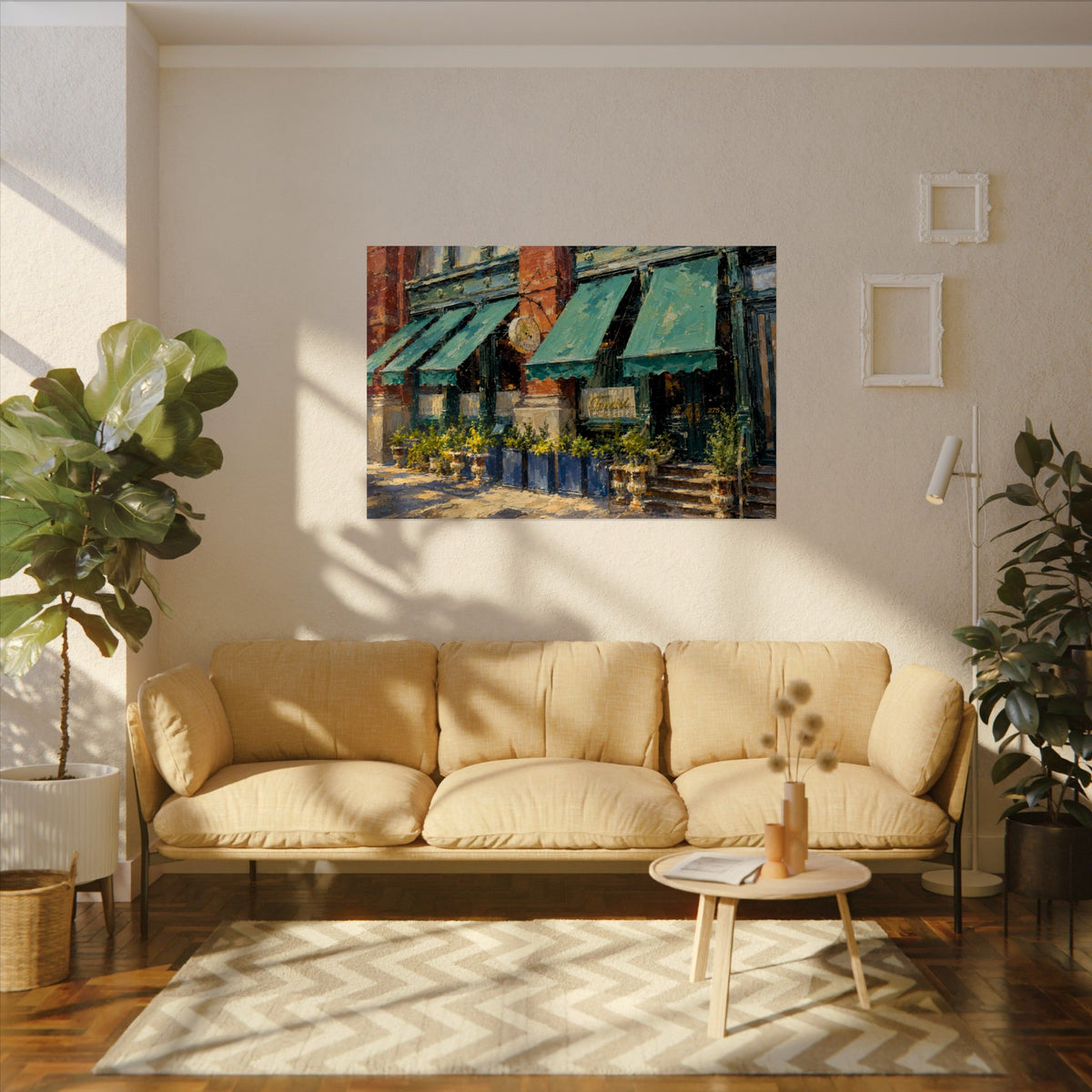 Torrisi art poster on the wall above a sofa