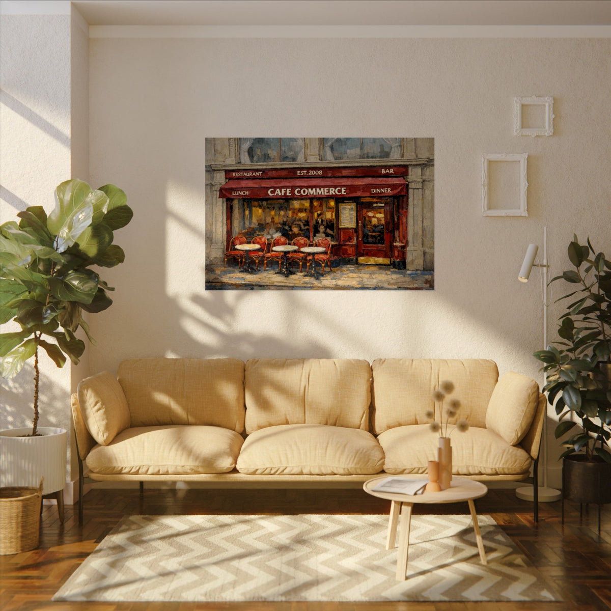 Cafe Commerce art poster on the wall above a sofa