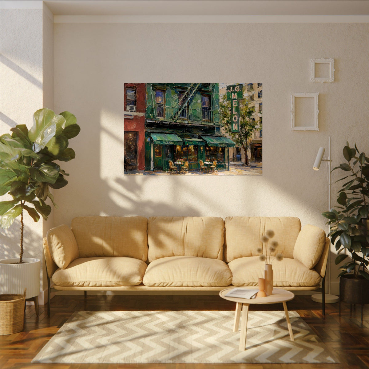 JG Melon art poster on the wall above a sofa