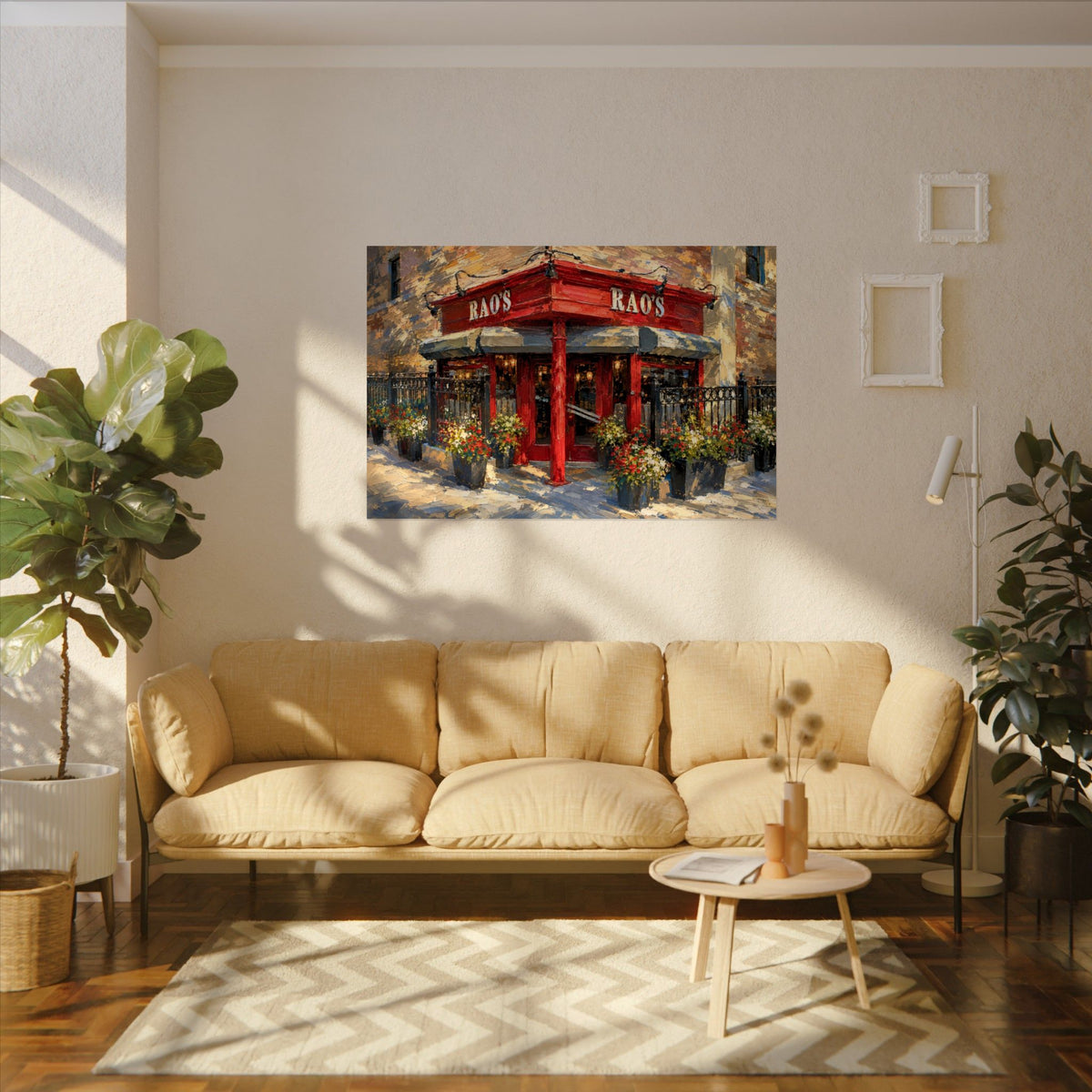Rao's art poster on the wall above a sofa