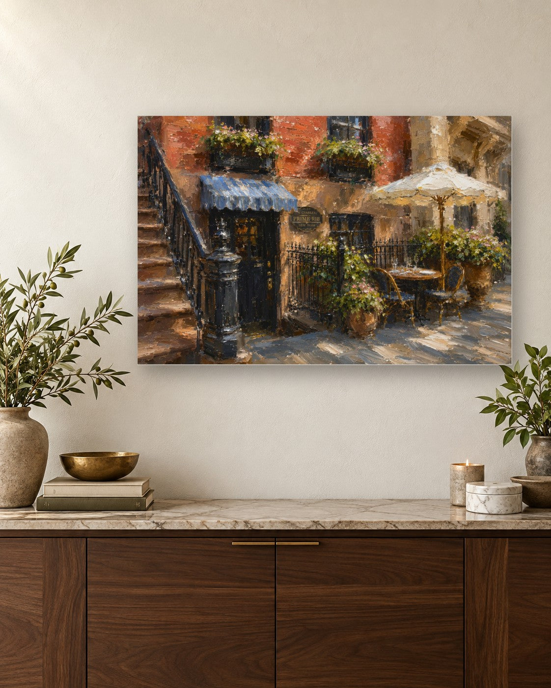 4 Charles Prime Rib framed canvas print hanging above a credenza