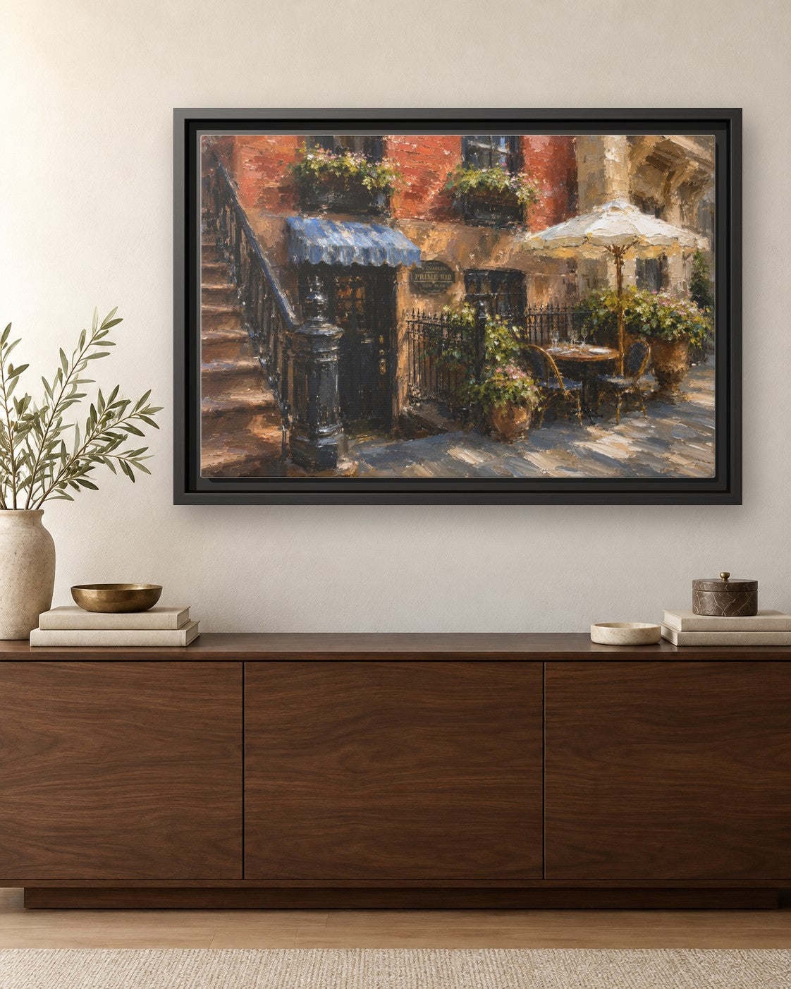 4 Charles Prime Rib framed canvas print hanging above a credenza