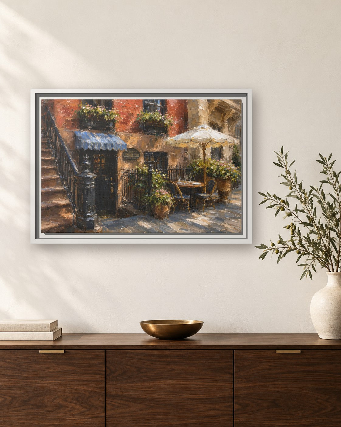 4 Charles Prime Rib framed canvas print hanging above a sideboard