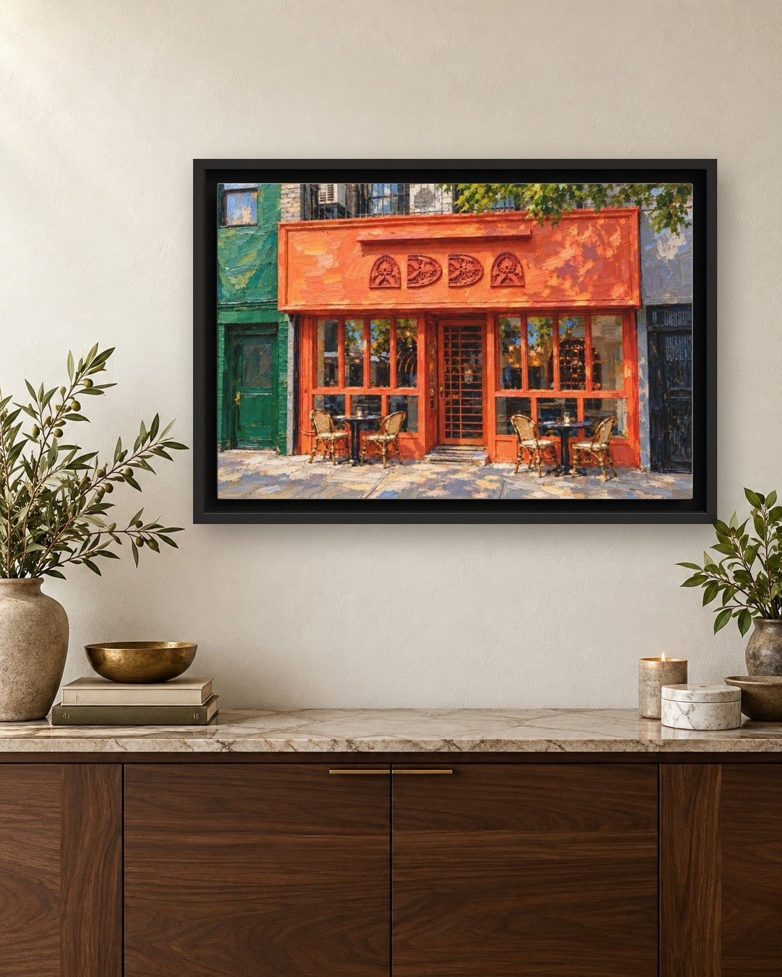 Adda framed canvas print hanging above a credenza