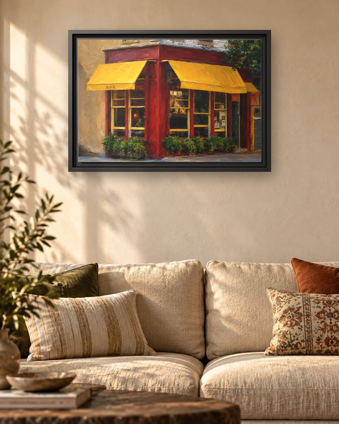 Al Di La Trattoria framed canvas print hanging above a sofa
