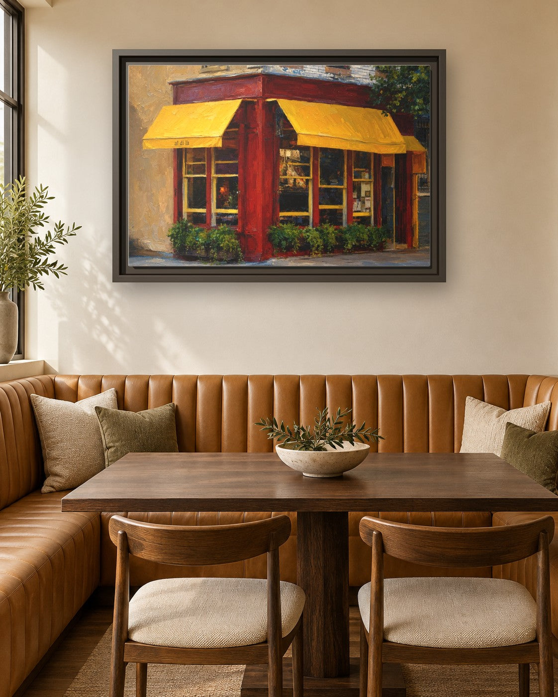 Al Di La Trattoria framed canvas print in a breakfast nook