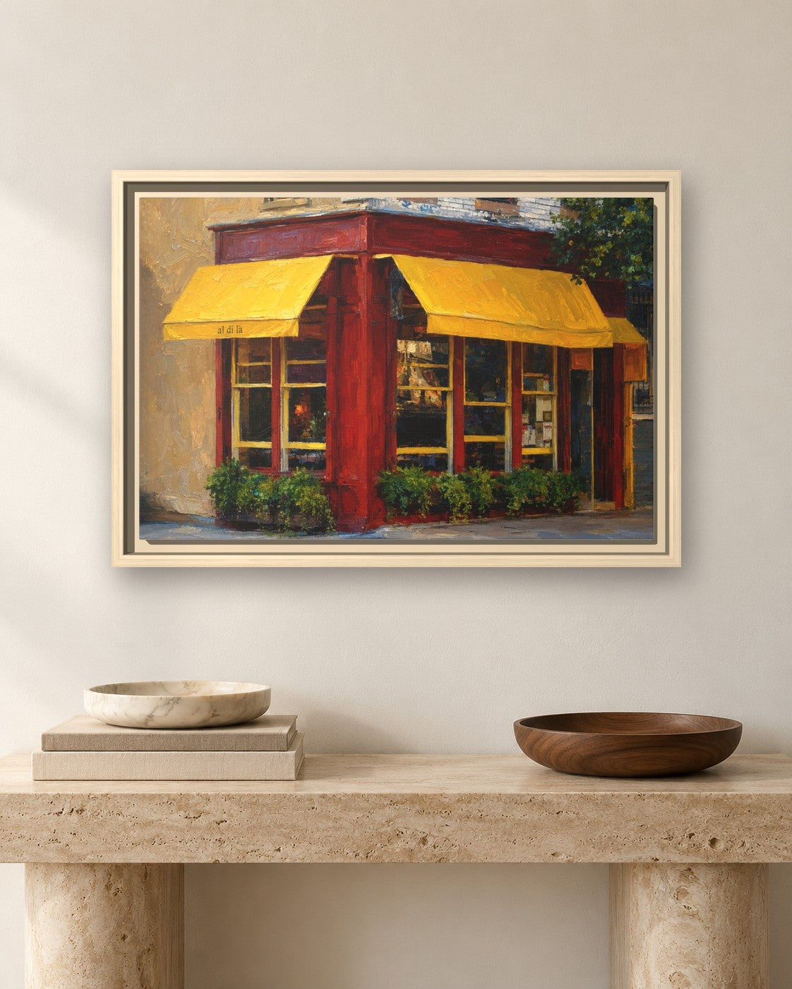 Al Di La Trattoria framed canvas print hanging above a sideboard