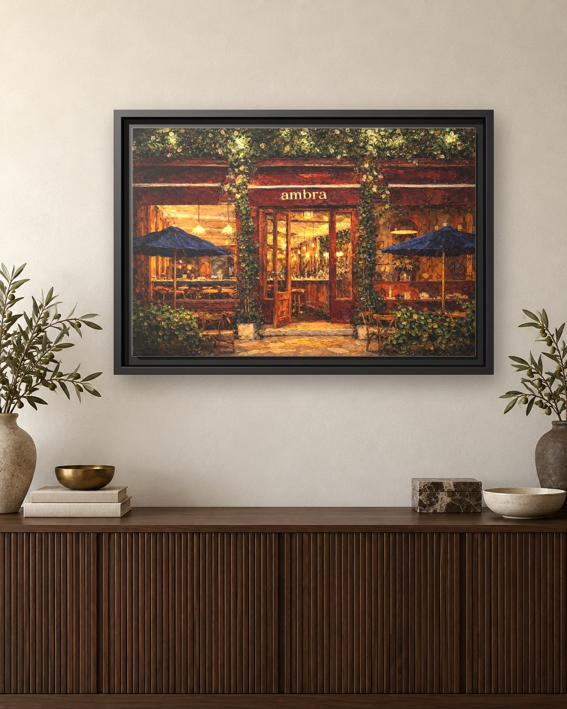 Ambra framed canvas print hanging above a credenza