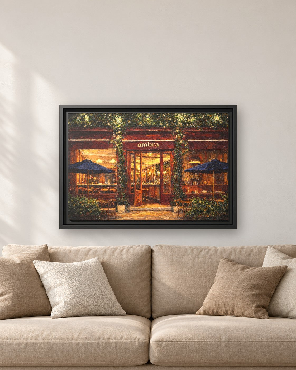 Ambra framed canvas print hanging above a sofa