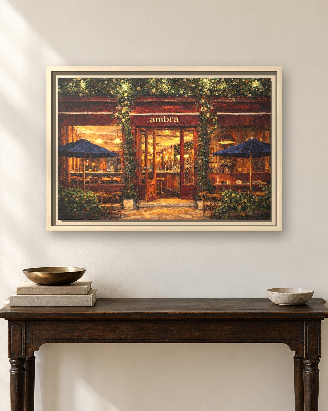 Ambra framed canvas print hanging above a sideboard