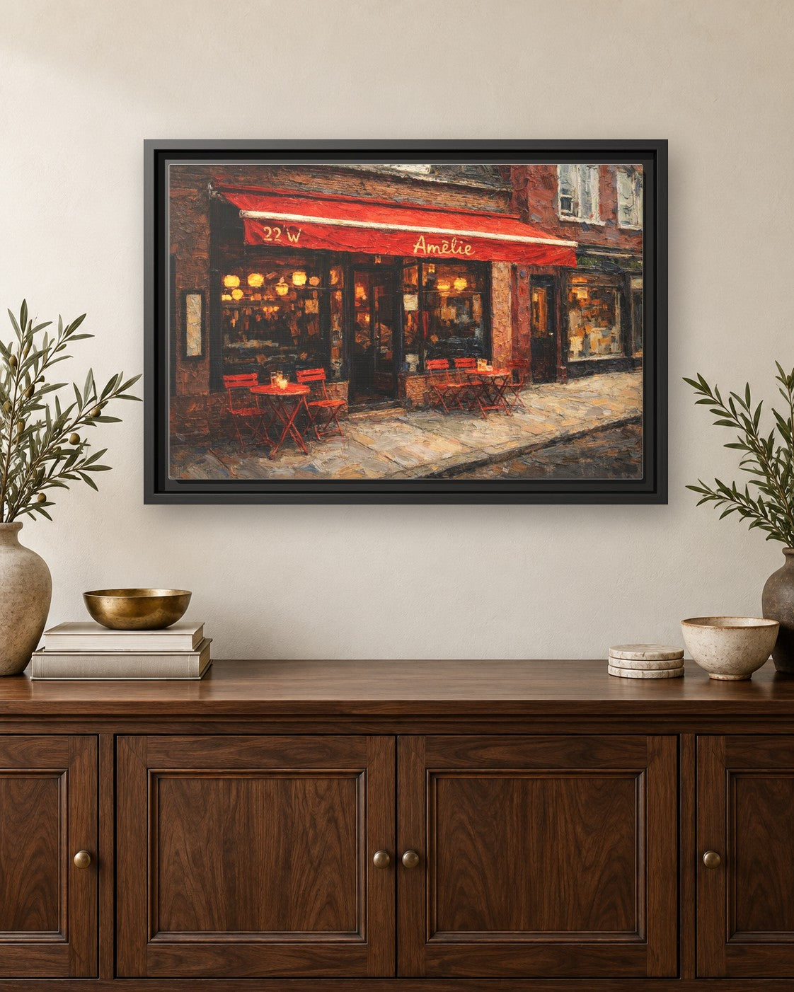 Amelie framed canvas print hanging above a credenza