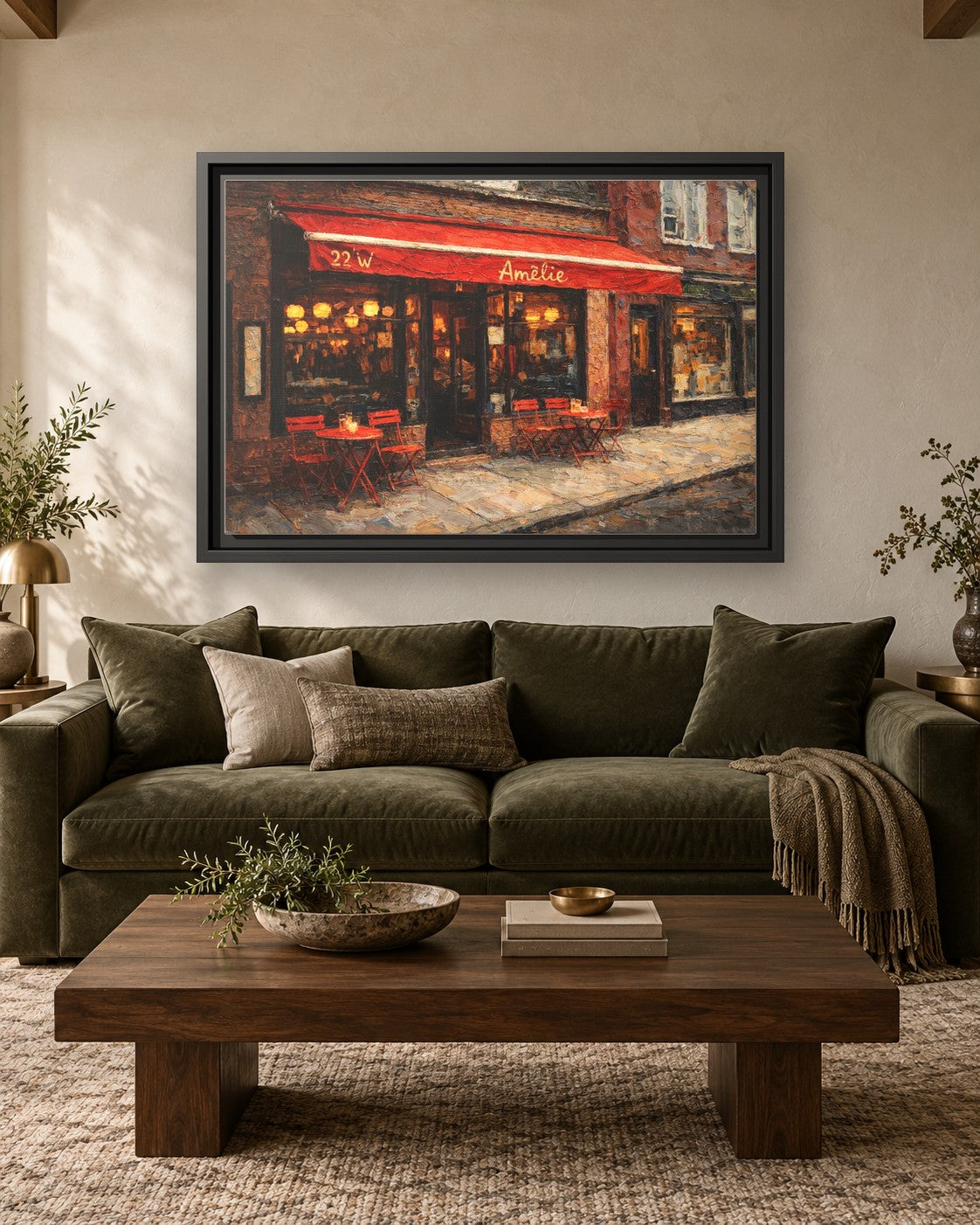 Amelie framed canvas print hanging above a sofa