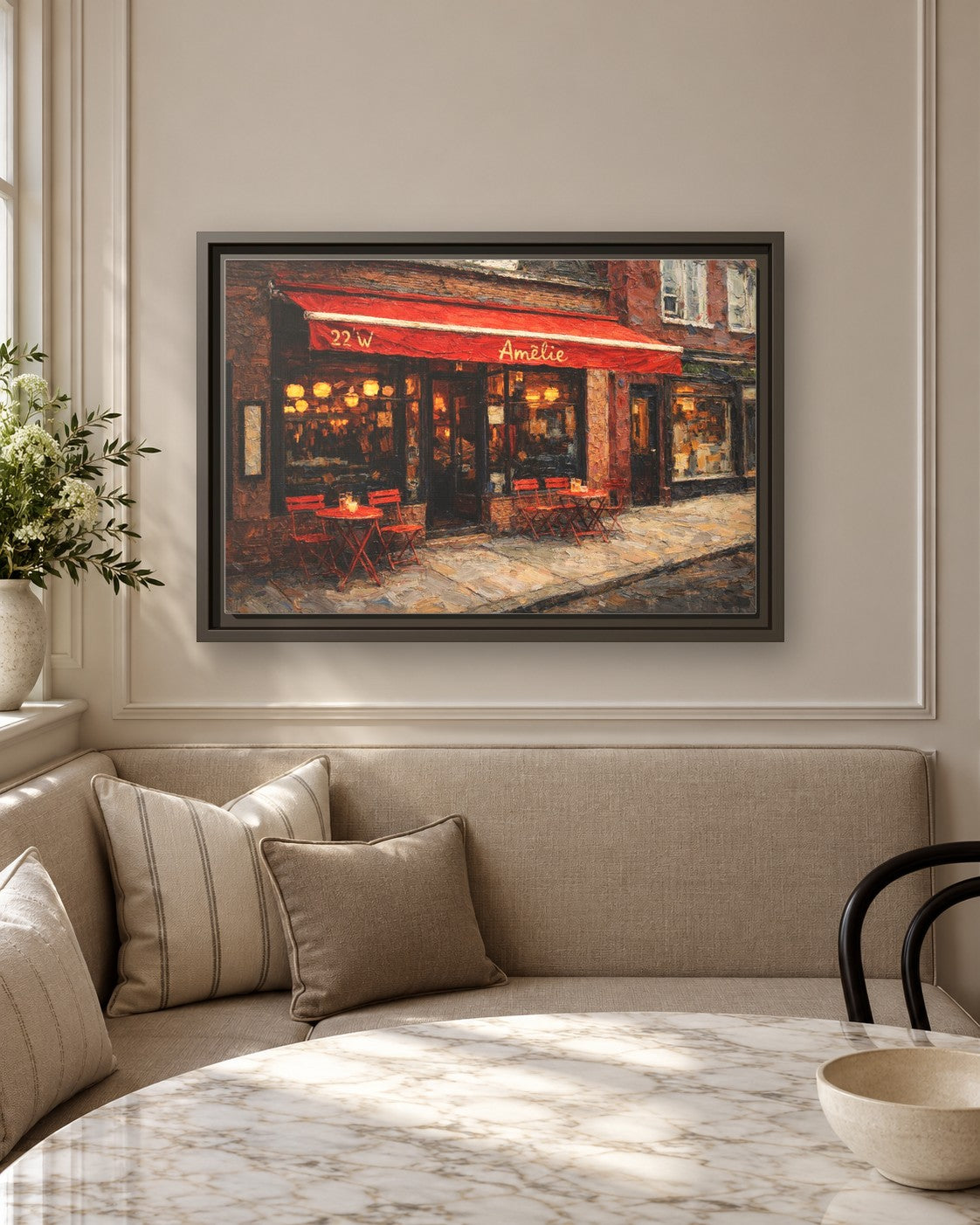 Amelie framed canvas print in a breakfast nook